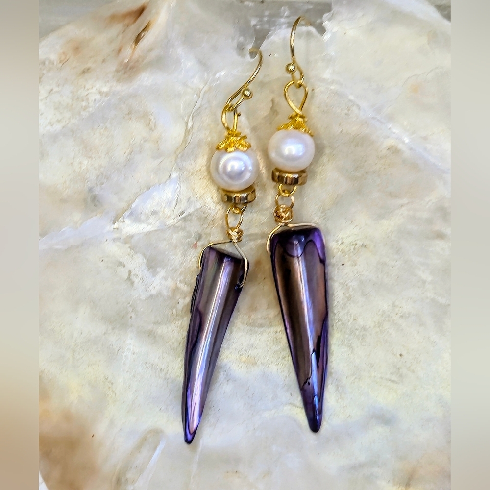 Purple Mother Of Pearl Fang & Baroque Pearl In Long Gold Plated Earrings